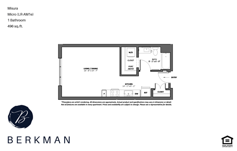 Floor plan for studio, 1 bath, 496 sqft